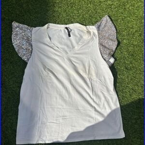 White Top with Silver Sequin Sleeves